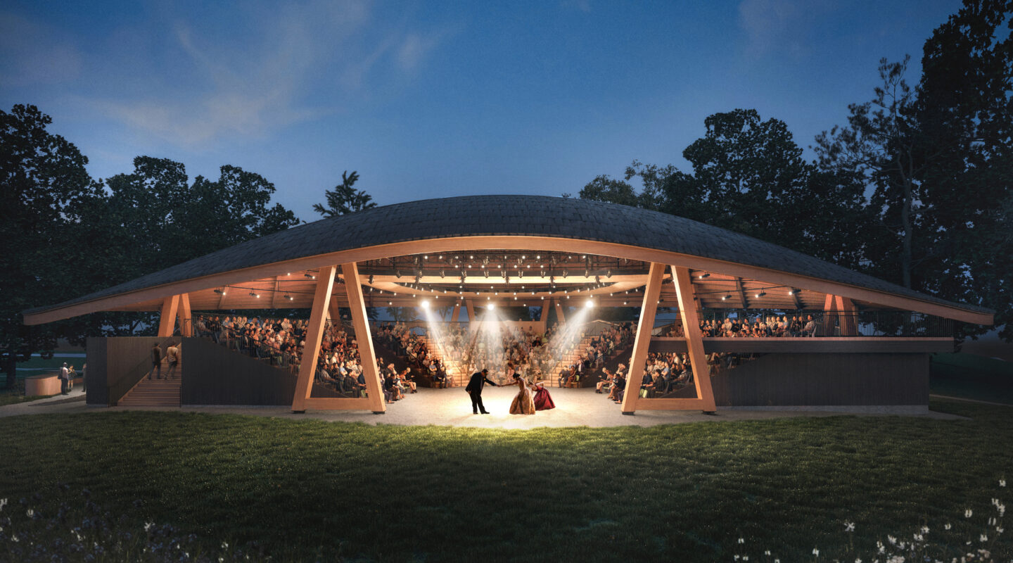 Rendering of the open-air theatre from outside looking in during the evening.